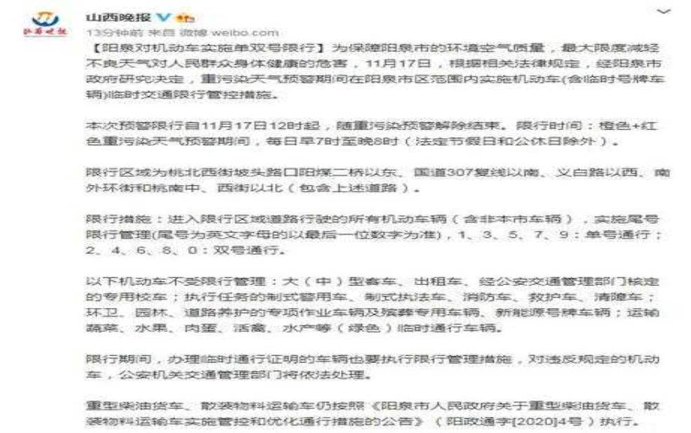 阳泉限号查询, 今日限号信息一览